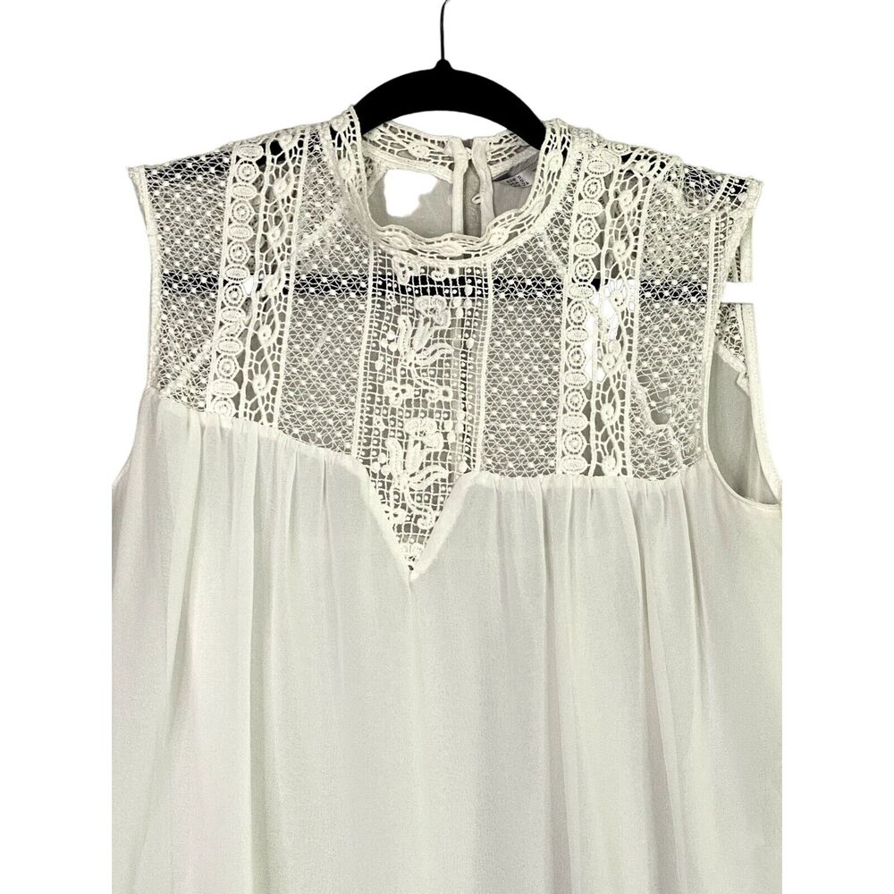 Zara TRF Sheer Sleeveless Lace Flowy Boho Blouse Button Eyelet Back S White - Picture 3 of 15
